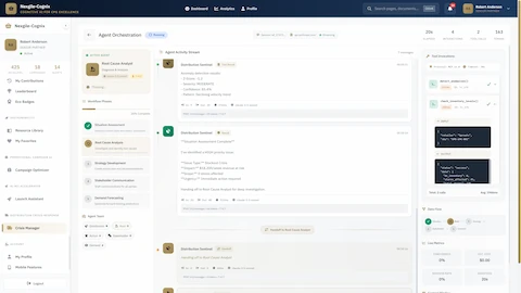Agent Orchestration - Live 5-agent collaboration workspace with root cause analysis and action plan generation in progress